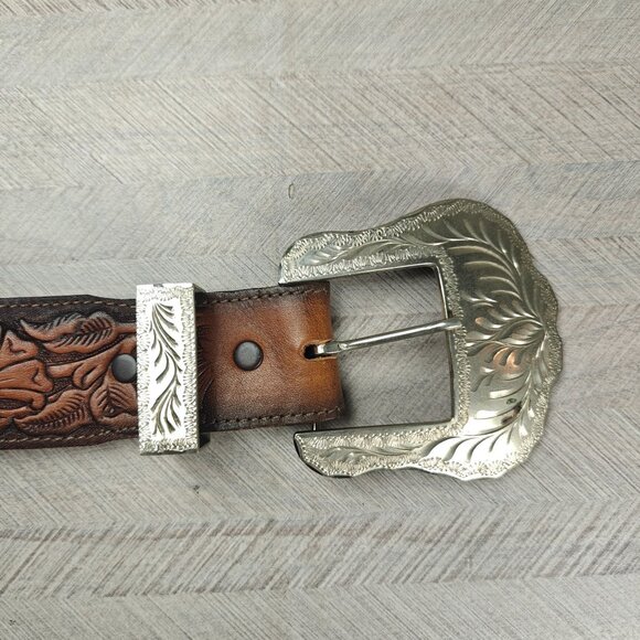 Vintage Sears Men's 52 Belt Western Tooled Genuine Leather With Silver Buckle - Picture 3 of 8
